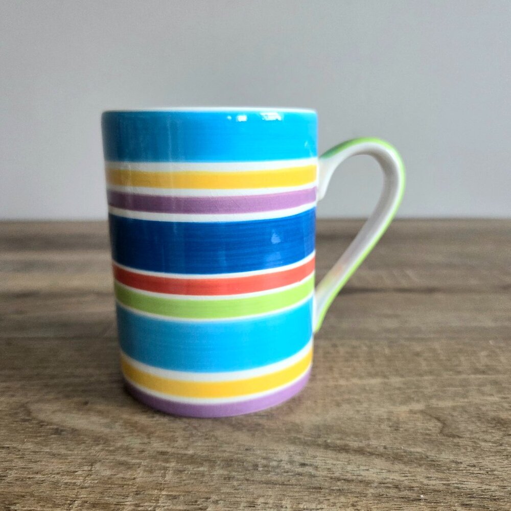 Whittard Designed in England Handpainted mug with multicolored striped pattern. - Picture 2 of 5